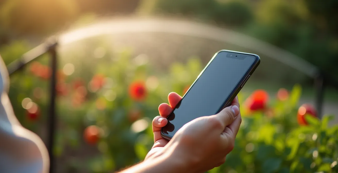 Mano che tiene smartphone con app di controllo irrigazione mentre giardino viene innaffiato in background