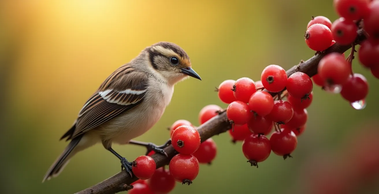 Cinciallegra su ramo di corniolo con bacche rosse nel giardino italiano
