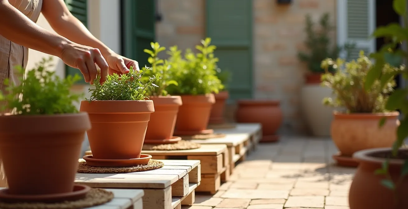 Vasi in terracotta su un balcone italiano, sollevati su supporti di legno per proteggere le radici dal calore del pavimento.