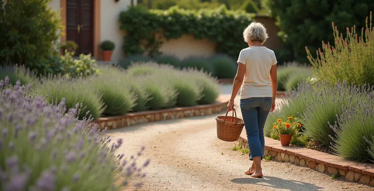 Sentiero curvo in ghiaia che attraversa un giardino italiano con bordure di lavanda