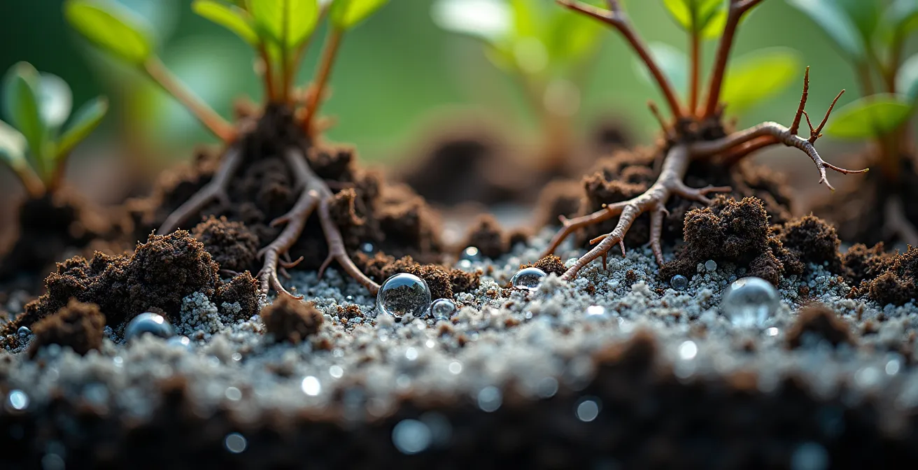 Dettaglio macro di zeolite nel terreno vicino alle radici delle piante