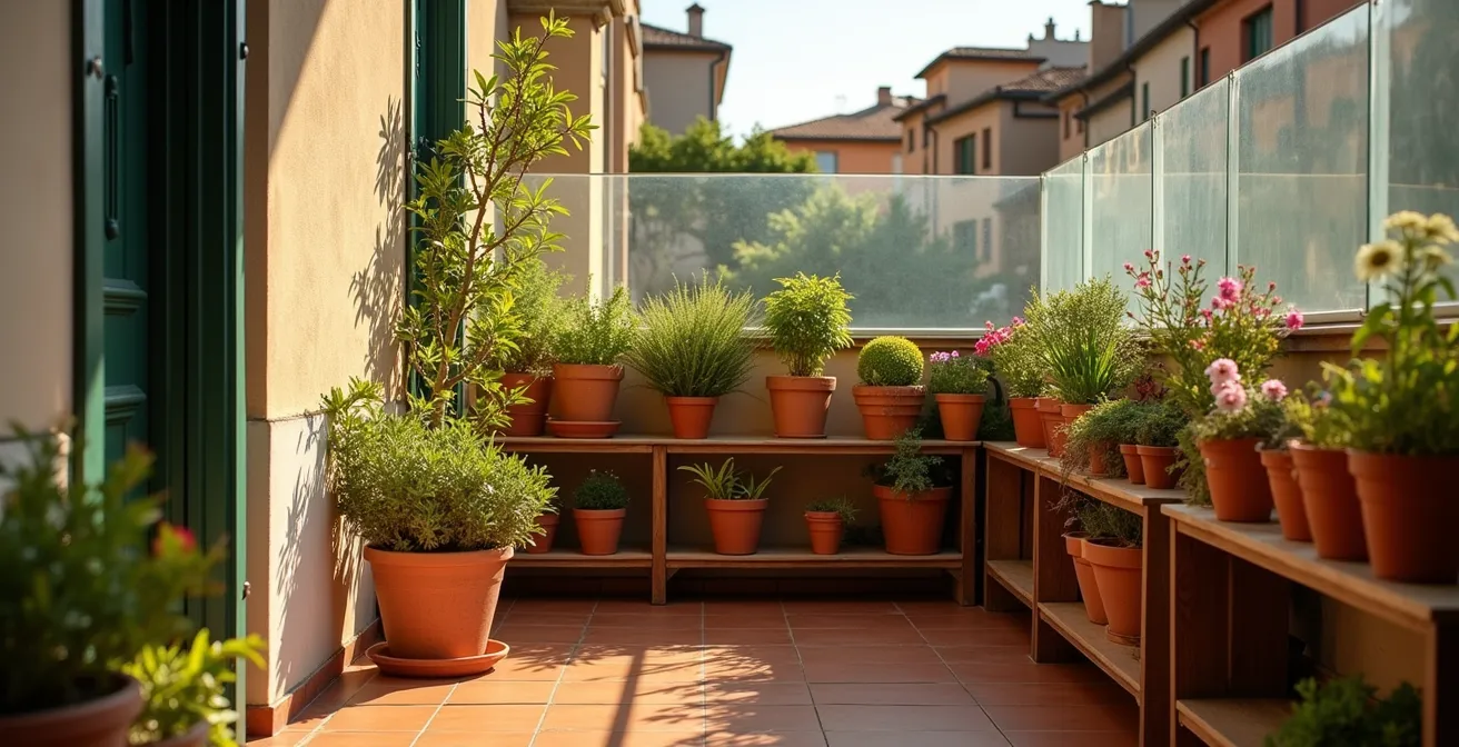 Area di quarantena per piante nuove allestita su terrazzo italiano con piante separate