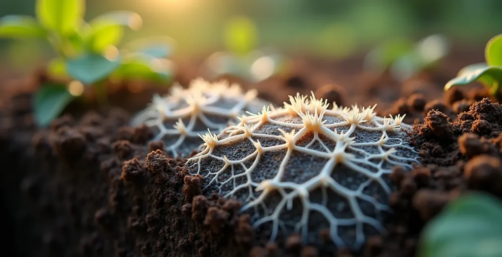 Sezione trasversale del terreno che mostra la rete fungina micorrizica intrecciata con le radici delle piante